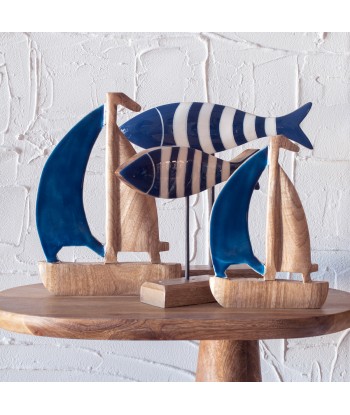 ORIGEN Home Decor Pez De Madera Marinero Azul 23x25x5cm Figura de Sobremesa