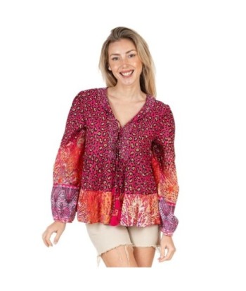 Isla Bonita Moda By SIGRIS - Camisa de Algodón 100% para Mujer, Estampado Animal, Manga Larga