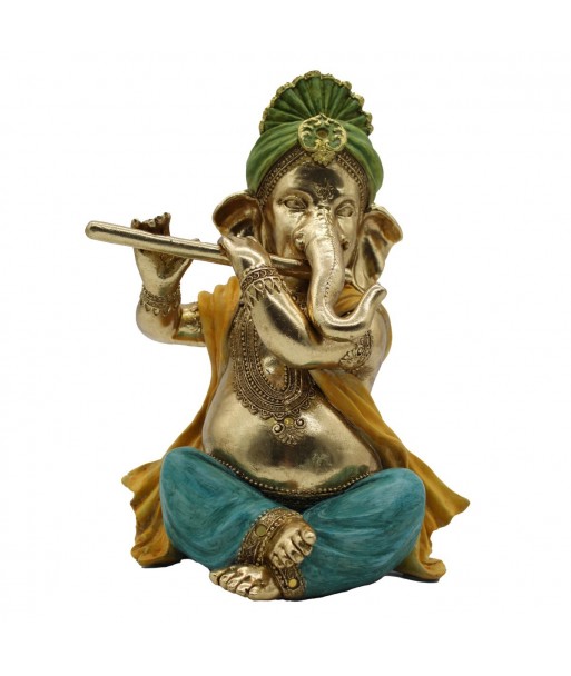 Figura Ganesha Musica Oriental Resina Dorada 28 cm