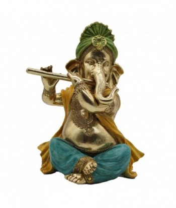 Figura Ganesha Musica Oriental Resina Dorada 28 cm