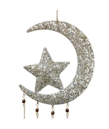 ORIGEN Home Decor Adorno Movil Luna y Estrella Colgantes Metal | Colgante de metal Plateado - 32x10x2cm