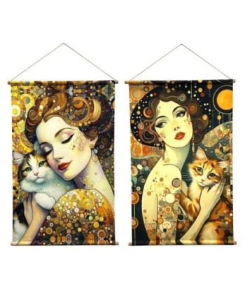 Lienzo Enrollable Mujer y Gato 2 Diferentes Estilos para Decoración de Pared - Cuadro Contemporáneo Elegante