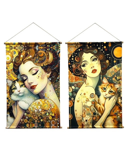 Lienzo Enrollable Mujer y Gato 2 Diferentes Estilos para Decoración de Pared - Cuadro Contemporáneo Elegante