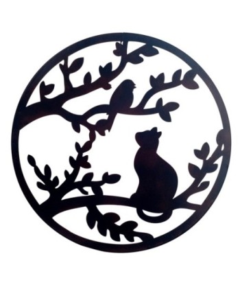 ORIGEN Home Decor Adorno pared pájaro y gato Apliques Metal | Placa de Metal Negro Redondo - 60x60x1cm