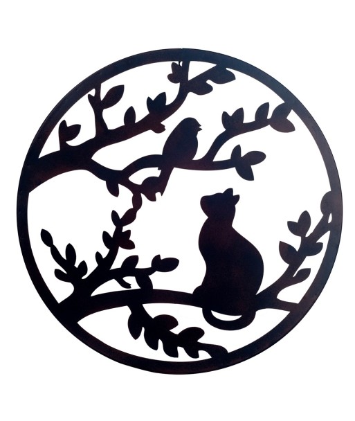 ORIGEN Home Decor Adorno pared pájaro y gato Apliques Metal | Placa de Metal Negro Redondo - 60x60x1cm