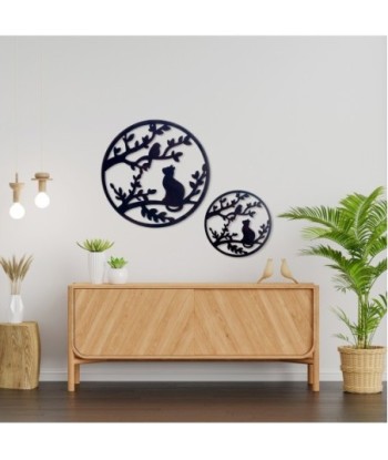 ORIGEN Home Decor Adorno pared pájaro y gato Apliques Metal | Placa de Metal Negro Redondo - 60x60x1cm