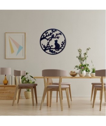 ORIGEN Home Decor Adorno pared pájaro y gato Apliques Metal | Placa de Metal Negro Redondo - 60x60x1cm
