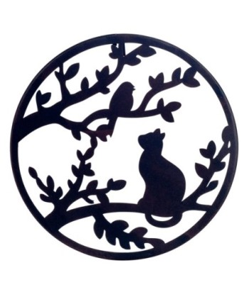 ORIGEN Home Decor Adorno pared pájaro y gato Apliques Metal | Placa de Metal Negro Redondo - 30x30x1cm