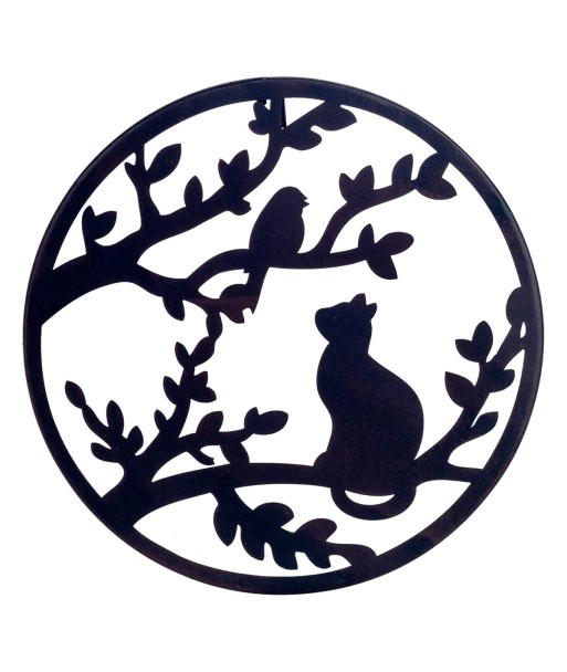 ORIGEN Home Decor Adorno pared pájaro y gato Apliques Metal | Placa de Metal Negro Redondo - 30x30x1cm