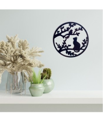 ORIGEN Home Decor Adorno pared pájaro y gato Apliques Metal | Placa de Metal Negro Redondo - 30x30x1cm