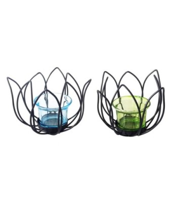 ORIGEN Home Decor - Portavelas flor Pack 2 Unidades Decoracion | Jarrones Y Portavelas Negro - 10x12x12 cm