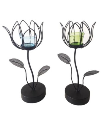 ORIGEN Home Decor - Portavelas flor Pack 2 Unidades Decoracion | Jarrones Y Portavelas Negro - 30x13x13 cm