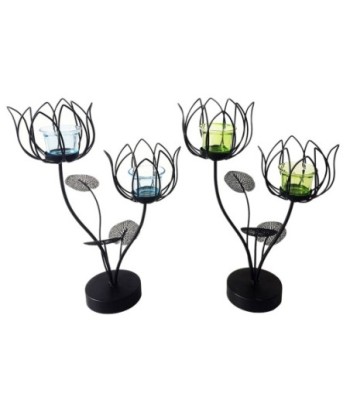 ORIGEN Home Decor - Portavelas 2 flores Pack 2 Unidades Decoracion | Jarrones Y Portavelas Negro - 35x15x25 cm