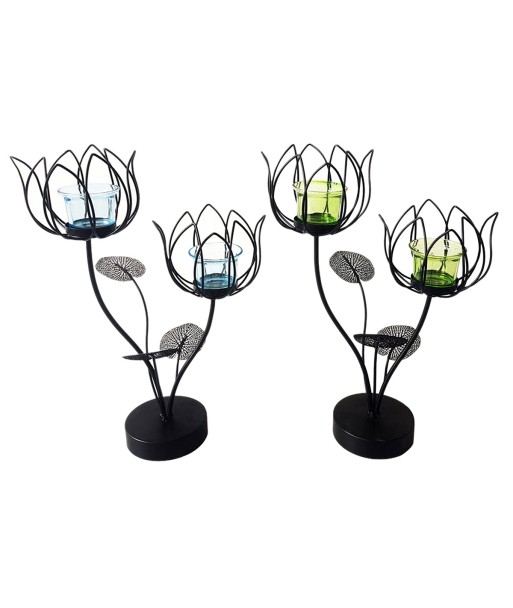 ORIGEN Home Decor - Portavelas 2 flores Pack 2 Unidades Decoracion | Jarrones Y Portavelas Negro - 35x15x25 cm