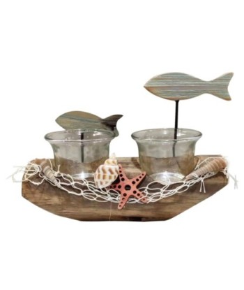 ORIGEN Home Decor - Barca portavelas con peces  Figuras | Marinero Gris - 12x7x18 cm