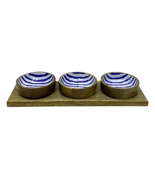 Bandeja de Madera con 3 Cuencos Rayados para Servir Aperitivos y Snacks en Fiestas y Reuniones