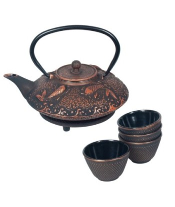 By Sigris - Juego de Te | Tetera Hierro Colado + 4 Tazas de Té, Volumen: 0,8 litros - Color Negro y Cobre  Decor