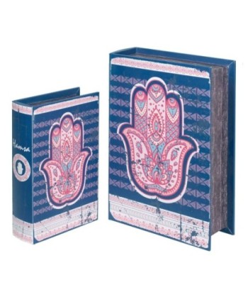 By SIGRIS Set 2 Cajas Libro Mano Fátima  Tonos Azul y Rosa Incluye 2 Unidades Decoración Cajas Libro Colección