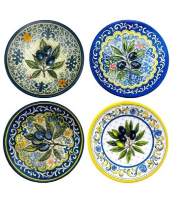 Adorno de Pared Cerámico Diseño Olivo y Lavanda, Decoración para Hogar, Set de 4 Platos Decorativos, Estilo Mediterráneo
