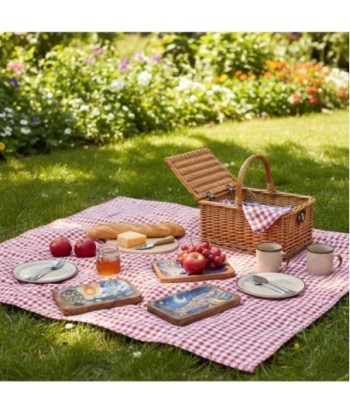 Bandeja Decorativa de Madera de Mango con Diseño de Casitas, Ideal para Cocina y Sala, Set de 4 Unidades