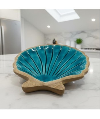 Bandeja decorativa concha grande para cocina, organizador versátil, ideal para decoración marinera, azul madera