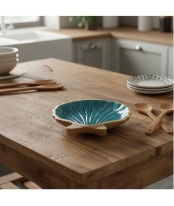 Bandeja decorativa concha grande para cocina, organizador versátil, ideal para decoración marinera, azul madera