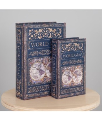 Caja Libro Decorativa Vintage Mapa del Mundo, Set de 2, Ideal para Almacenamiento y Decoración de Hogar, Oficina
