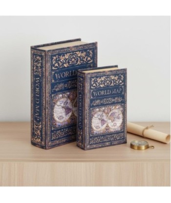 Caja Libro Decorativa Vintage Mapa del Mundo, Set de 2, Ideal para Almacenamiento y Decoración de Hogar, Oficina