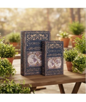 Caja Libro Decorativa Vintage Mapa del Mundo, Set de 2, Ideal para Almacenamiento y Decoración de Hogar, Oficina