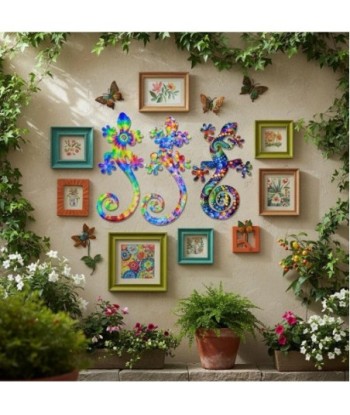 Adorno de Pared Lagarto Tropical, Decoración de Metal para Jardín, Set de 3 Figuras, Diseño Multicolor, Arte