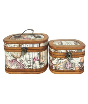 Set de 2 Maletas Vintage Decorativas de Madera y Polipiel, Diseño Mapa del Mundo, Almacenamiento y Decoración