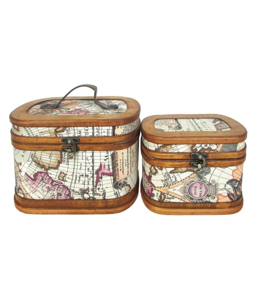 Set de 2 Maletas Vintage Decorativas de Madera y Polipiel, Diseño Mapa del Mundo, Almacenamiento y Decoración