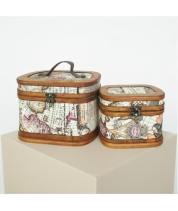 Set de 2 Maletas Vintage Decorativas de Madera y Polipiel, Diseño Mapa del Mundo, Almacenamiento y Decoración