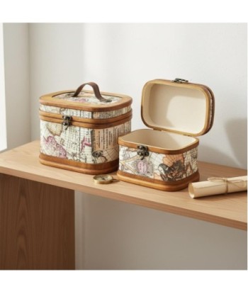 Set de 2 Maletas Vintage Decorativas de Madera y Polipiel, Diseño Mapa del Mundo, Almacenamiento y Decoración