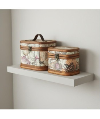 Set de 2 Maletas Vintage Decorativas de Madera y Polipiel, Diseño Mapa del Mundo, Almacenamiento y Decoración