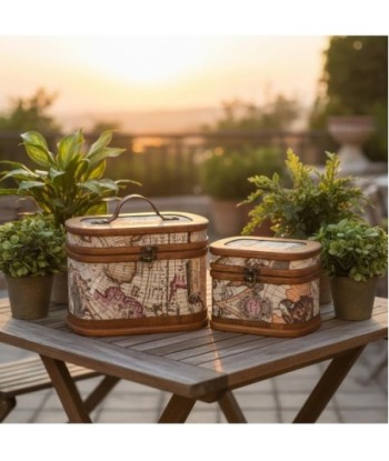 Set de 2 Maletas Vintage Decorativas de Madera y Polipiel, Diseño Mapa del Mundo, Almacenamiento y Decoración