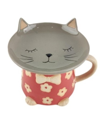 Taza con Plato Diseño de Gato para Café y Té, Regalo Original para Amantes de los Gatos, Decoración de Cocina