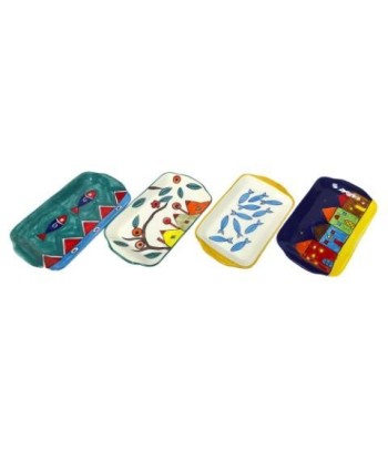 Plato Decorativo Cerámica Artesanal, Set de 4, Diseño Lavanda y Olivo, Ideal para Decoración de Mesa y Hogar