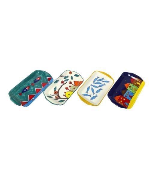 Plato Decorativo Cerámica Artesanal, Set de 4, Diseño Lavanda y Olivo, Ideal para Decoración de Mesa y Hogar