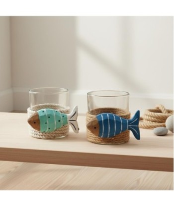 Portavelas Decorativo de Vidrio con Diseño de Peces, Ideal para Decoración Náutica y Ambientes Marinos, Regalo