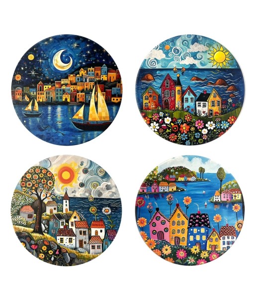 Posavasos Originales Diseño Casitas, Set de 4, Regalo Decorativo para Hogar, Protege Superficies, Accesorio de