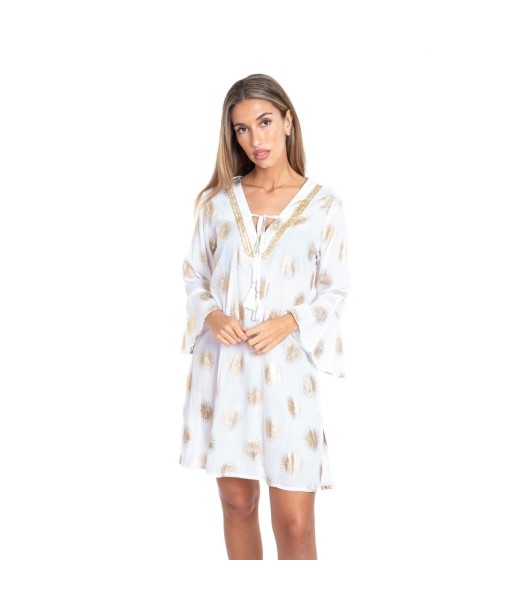 Kurta Beige para Mujer - Estilo Ibiza, Moda Casual, 100% Algodón, Manga ¾, Perfecto para Ocasiones Especiales