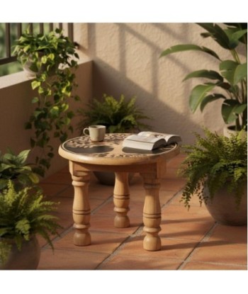 Taburete Decorativo de Madera de Mango, Diseño Etnico, Asiento Auxiliar para Sala, Cocina, Dormitorio, Hogar