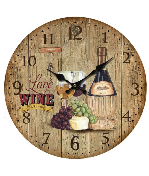 Reloj de pared redondo en MDF con diseño de vino y uvas