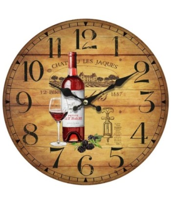 Reloj de MDF estilo vintage con motif de vino y uvas, 1 pila AA