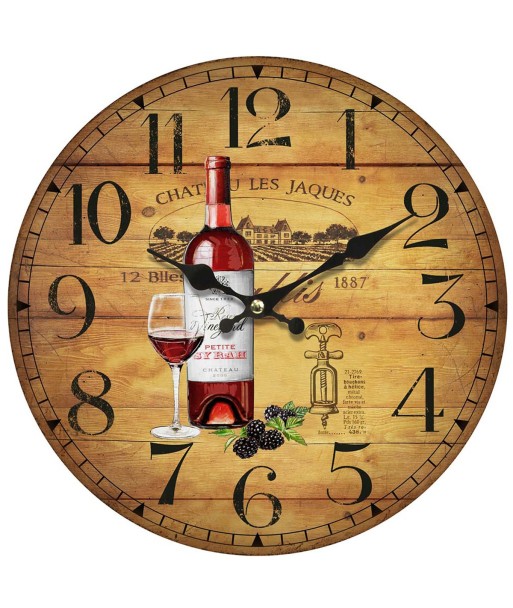 Reloj de MDF estilo vintage con motif de vino y uvas, 1 pila AA
