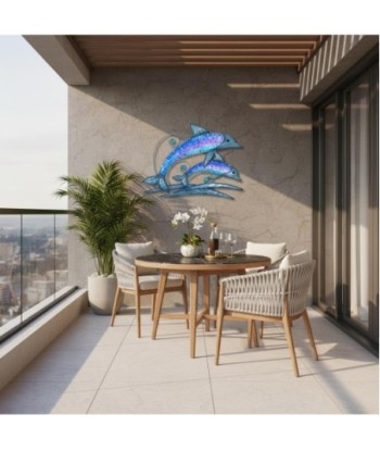 Adorno Pared Delfines Metal Azul para Jardín Decorativo