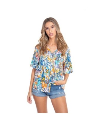 Camisa Rosa Mujer Manga ¾ Estampado Tropical - Camisero de Algodón 100% - Ropa Casual y Elegante para Mujer -