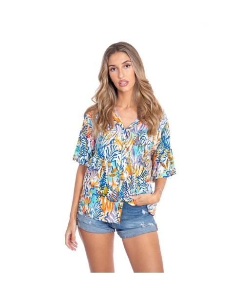 Camisa Rosa Mujer Manga ¾ Estampado Tropical - Camisero de Algodón 100% - Ropa Casual y Elegante para Mujer -