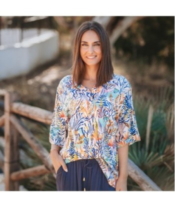 Camisa Rosa Mujer Manga ¾ Estampado Tropical - Camisero de Algodón 100% - Ropa Casual y Elegante para Mujer -